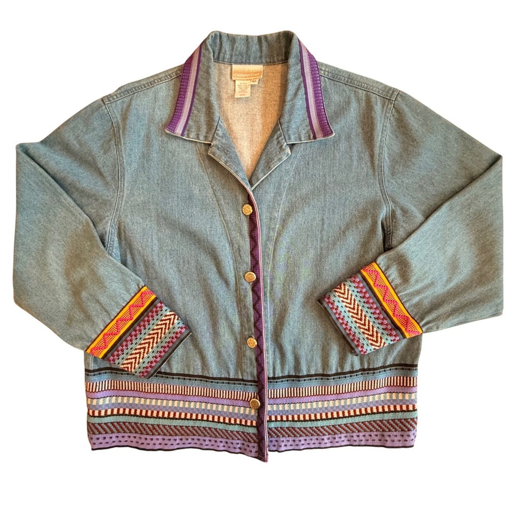 VTG Coldwater Creek Aztec Tribal Ribbon Denim Jacket XL Southwestern Boho Retro